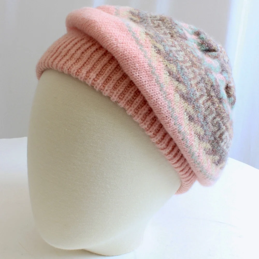 Bill Blass Hat Beret Wool Mohair Knit Pink Gray Vintage 70s Rare